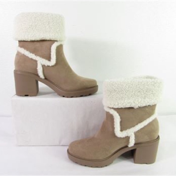 JustFab Shoes - JustFab Tan Heeled Boots with Shearling Cuff